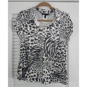 BCBG Animal Print Gold Snap Front Cap Sleeve‎ Blouse Gray White Vtg Med Ruched